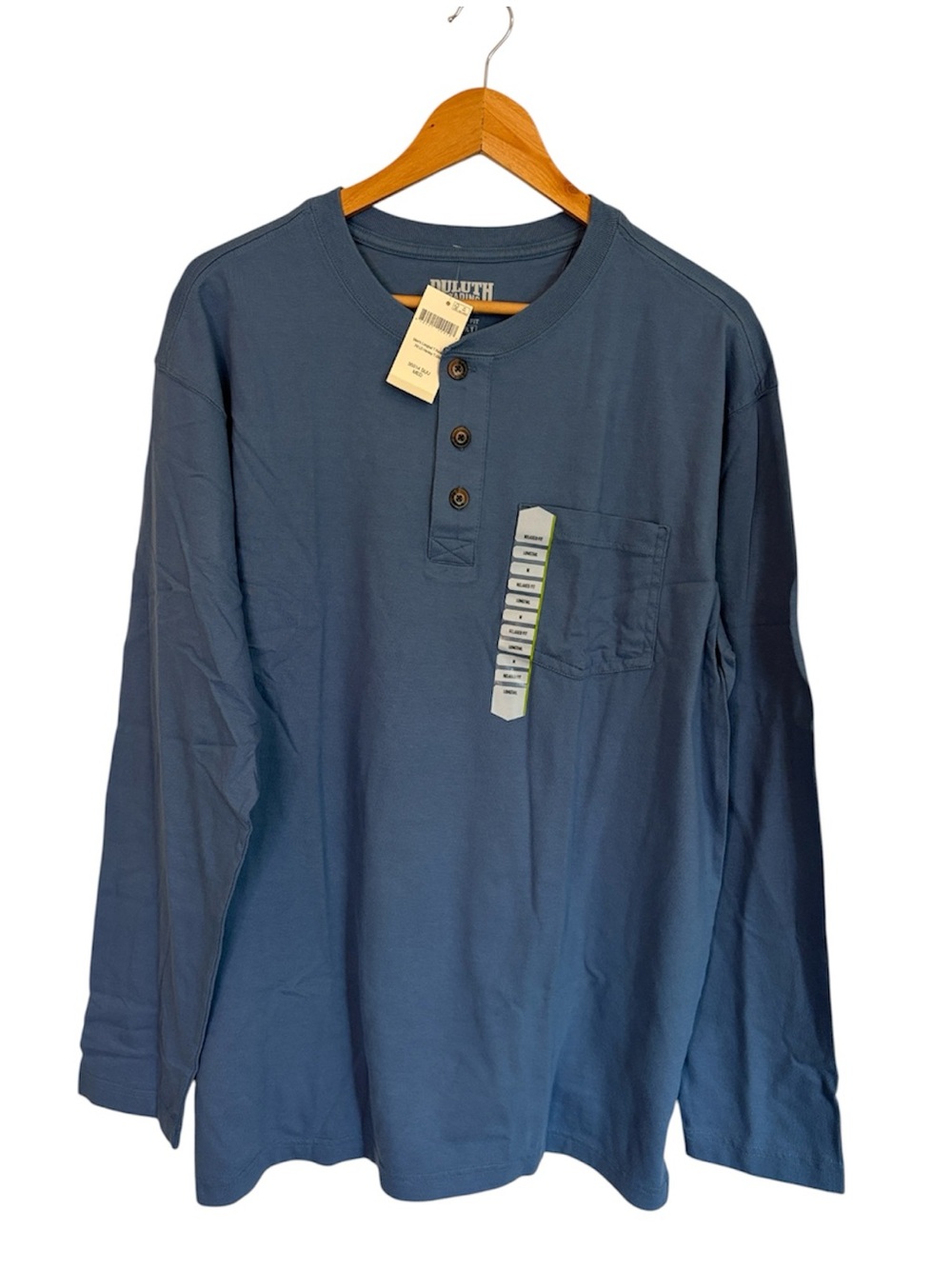 Duluth Trading Co Longtail T Relaxed Fit Henley LS Shirt Blue Size Medium NWT